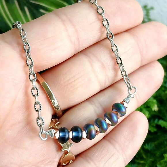 Holographic Glass & Plated Hematite Crystal Bar Choker Necklace, 14" - Picture 4 of 4